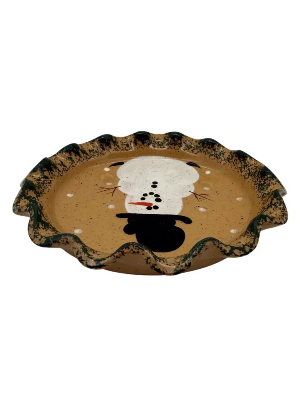 Vtg Three Rivers Pottery Snowman Side Plate Ruffled Green Spongeware Ohio USA